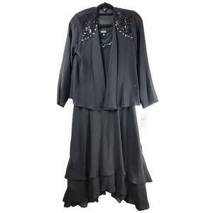 SLNY Black Formal Dress & Jacket Set, 8P Ruffled Skirt, Sequin Shoulder Detail
